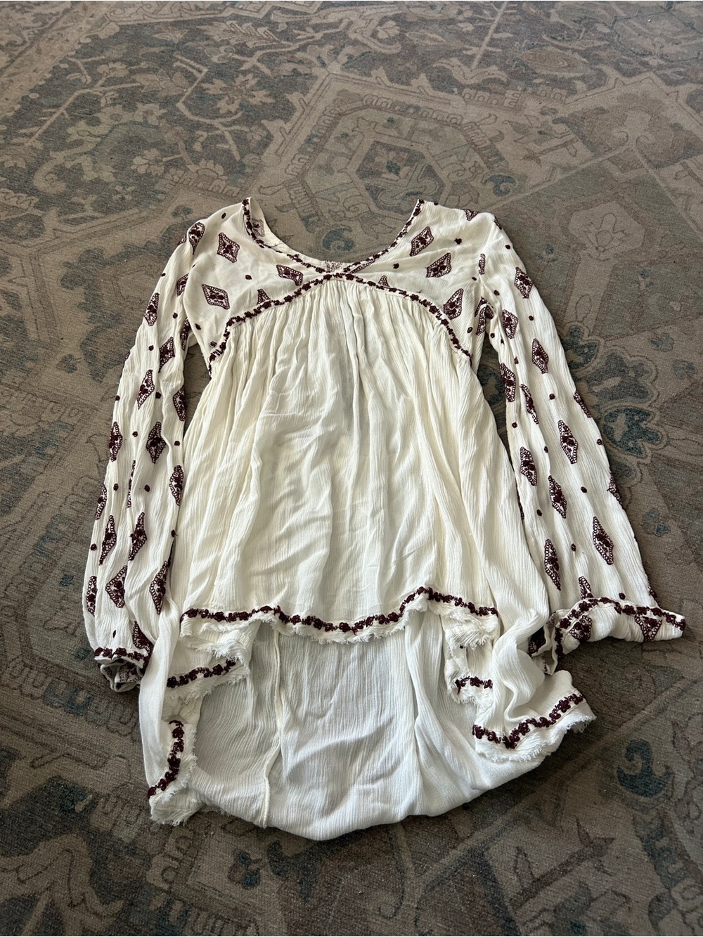 Free People Boho Embroidered Ivory Peasant Dress - Women Tops
